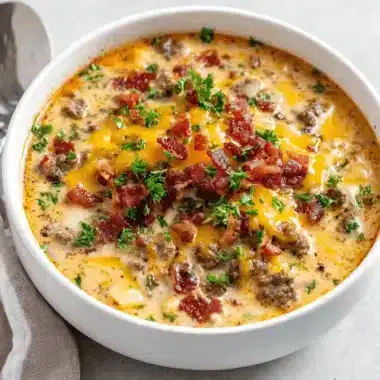 Close-up overhead view of a hearty bowl of cheeseburger soup, garnished with melted cheese, bacon, and parsley.