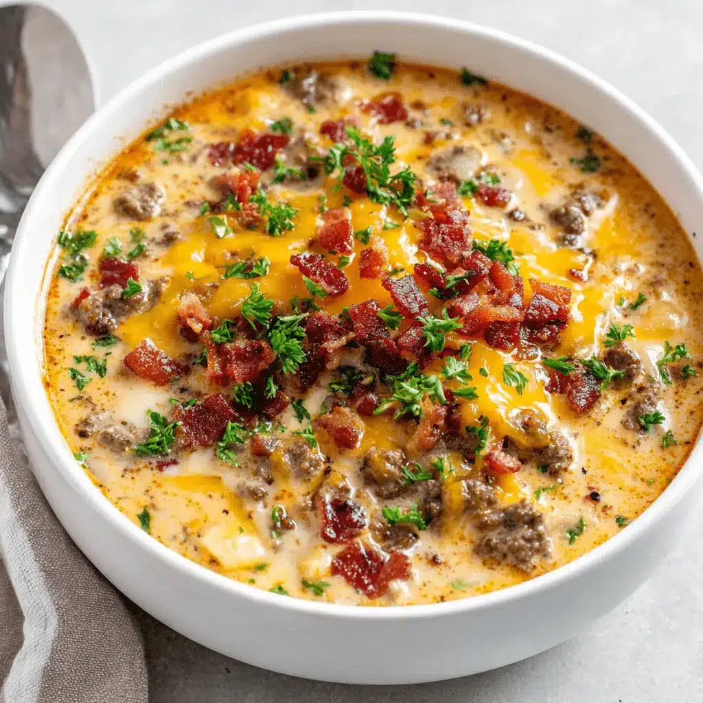 Close-up overhead view of a hearty bowl of cheeseburger soup, garnished with melted cheese, bacon, and parsley.