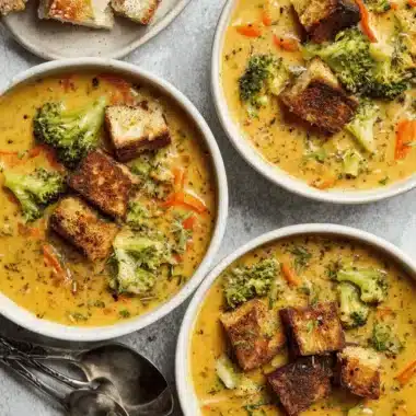The Ultimate Foolproof Broccoli Cheddar Soup 3 Trio of creamy broccoli cheddar soup bowls garnished with croutons and fresh broccoli florets.