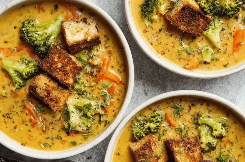 Trio of creamy broccoli cheddar soup bowls garnished with croutons and fresh broccoli florets.