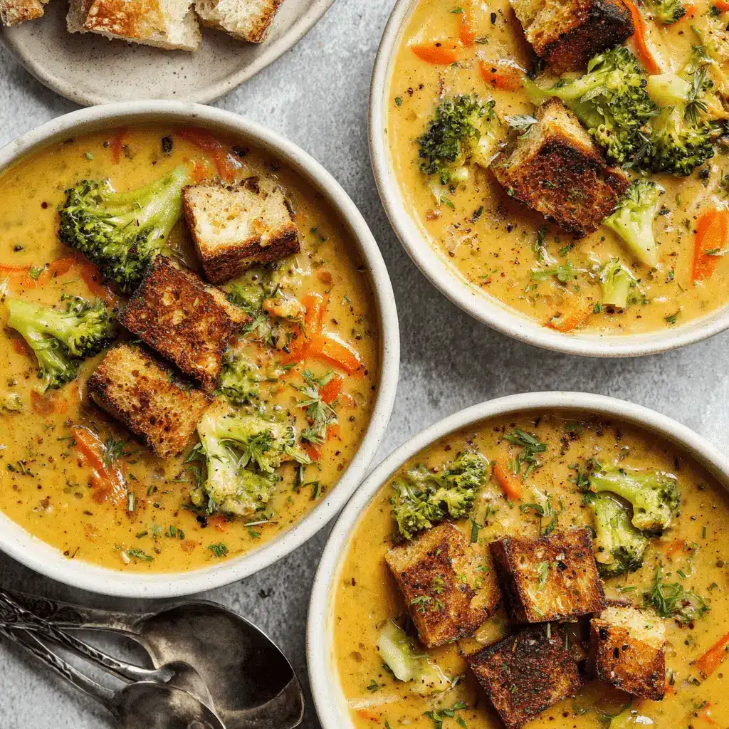 Trio of creamy broccoli cheddar soup bowls garnished with croutons and fresh broccoli florets.