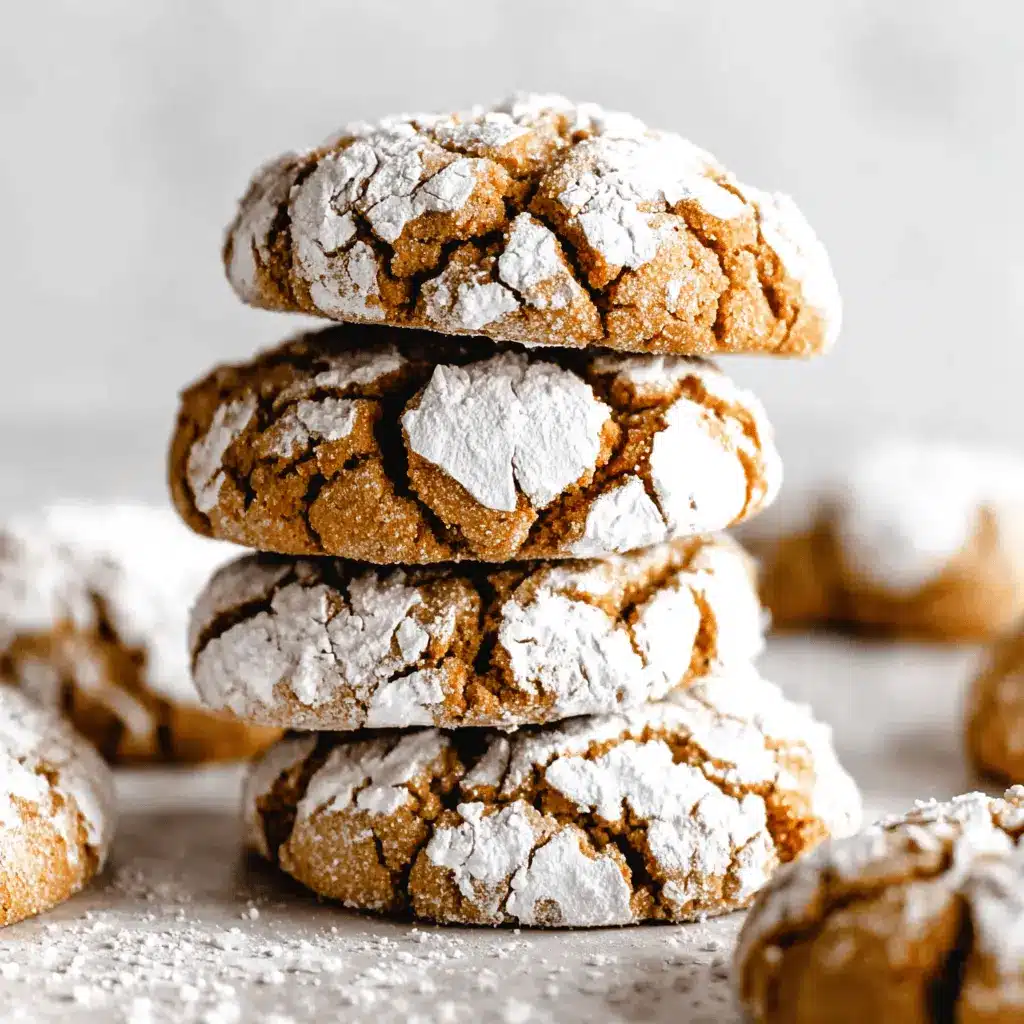 Amazing Gingerbread Crinkle Cookies Recipe 2 Stack of freshly baked Gingerbread Crinkle Cookies dusted with powdered sugar.