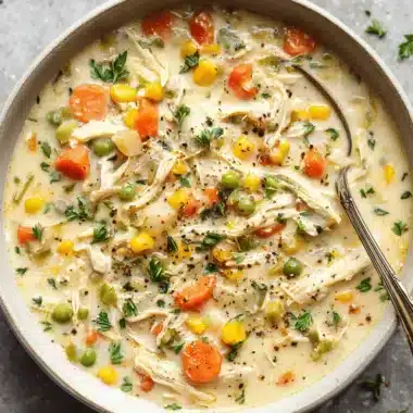 Creamy chicken pot pie soup with chicken, vibrant vegetables, and fresh herbs in a bowl.