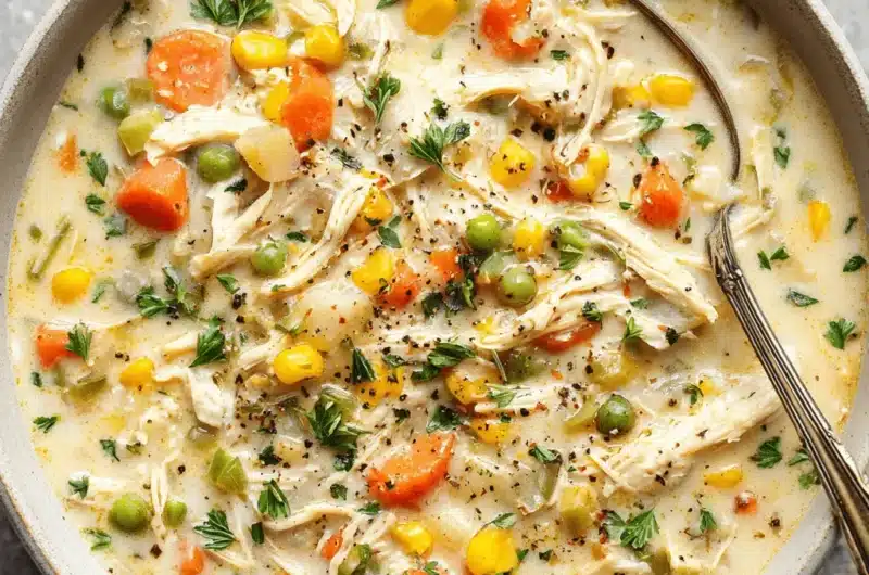 Creamy chicken pot pie soup with chicken, vibrant vegetables, and fresh herbs in a bowl.