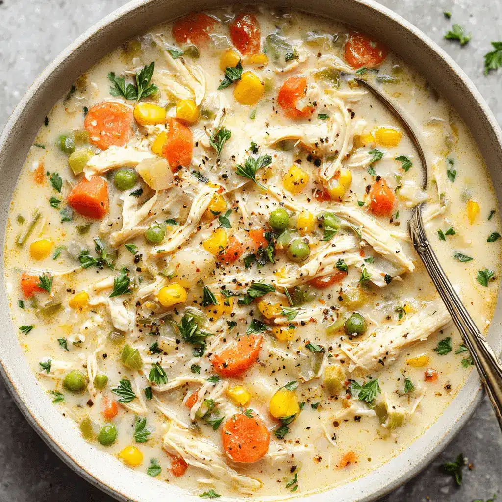 The Ultimate Foolproof Chicken Pot Pie Soup Recipe 2 Creamy chicken pot pie soup with chicken, vibrant vegetables, and fresh herbs in a bowl.