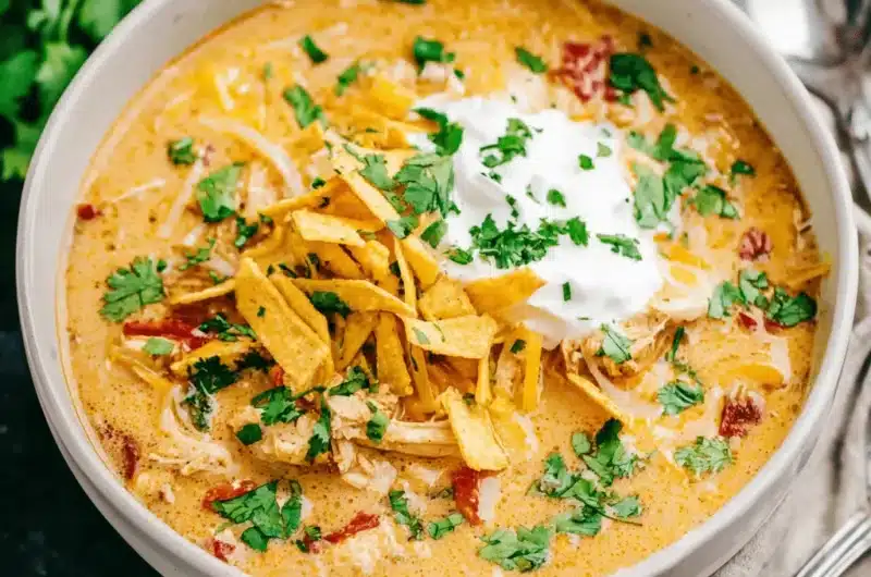 A delicious, creamy Chicken Tortilla Soup Crock Pot , garnished with fresh cilantro, sour cream, and crispy tortilla strips.