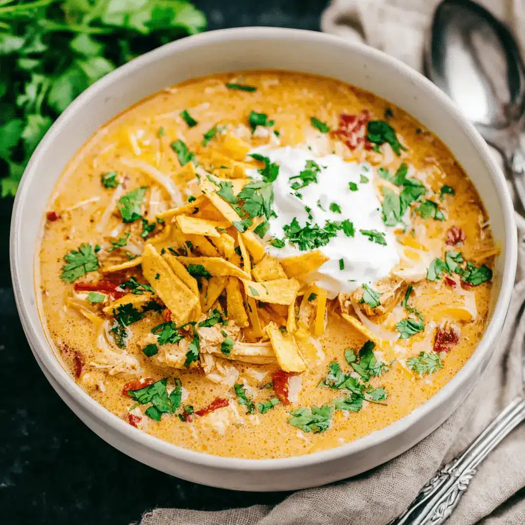 A delicious, creamy Chicken Tortilla Soup Crock Pot , garnished with fresh cilantro, sour cream, and crispy tortilla strips.