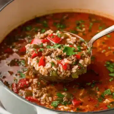 A silver ladle brimming with hearty stuffed pepper soup, showing white rice, crumbled meat, diced red and green bell peppers, and fresh parsley.