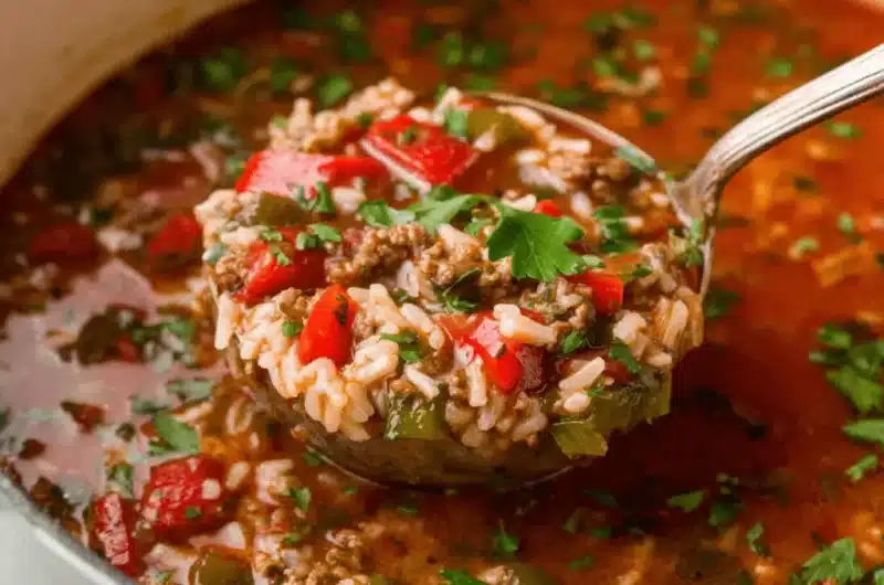 A silver ladle brimming with hearty stuffed pepper soup, showing white rice, crumbled meat, diced red and green bell peppers, and fresh parsley.