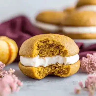 Close-up of a delicious pumpkin whoopie pie with a bite taken, showcasing the creamy filling and soft cake, amidst other pumpkin whoopie pies and autumn decor.