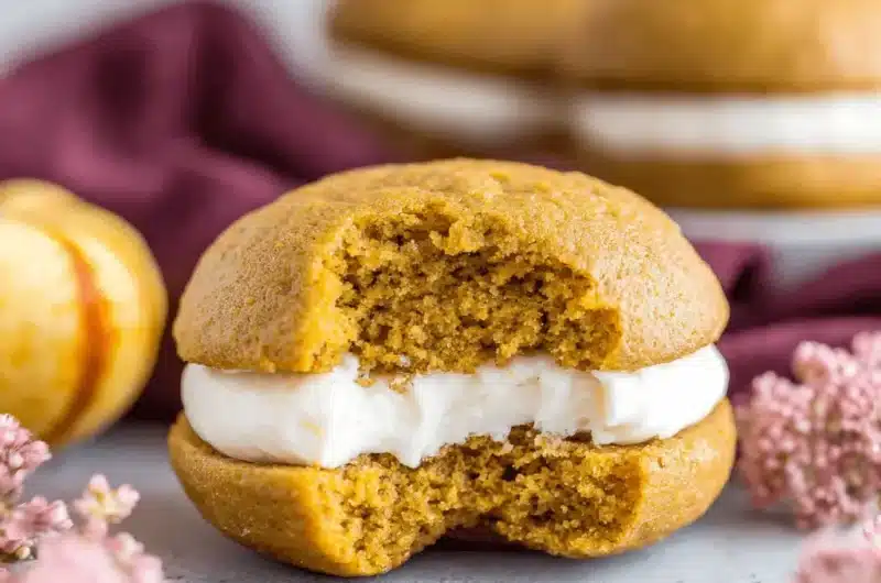 Close-up of a delicious pumpkin whoopie pie with a bite taken, showcasing the creamy filling and soft cake, amidst other pumpkin whoopie pies and autumn decor.