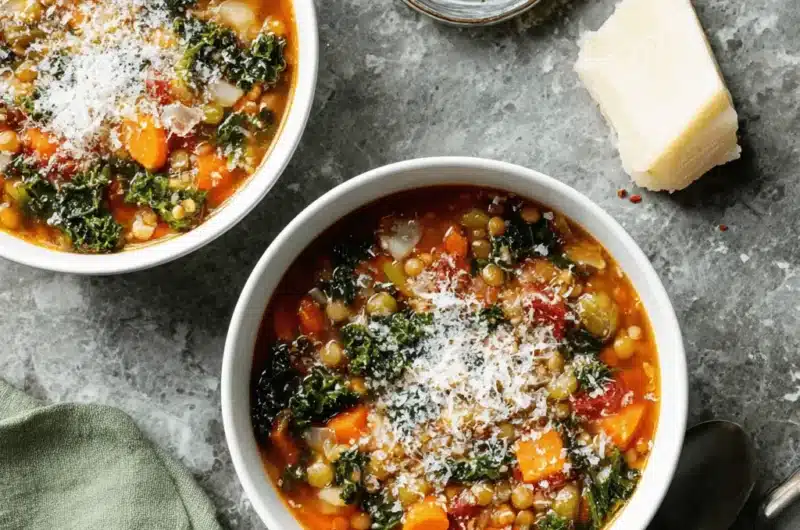 Hearty lentil soup with vegetables, kale, and grated Parmesan cheese in two bowls.