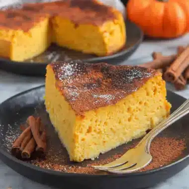A delicious slice of pumpkin tart with cocoa and powdered sugar, cinnamon sticks, and a golden fork on a dark plate.