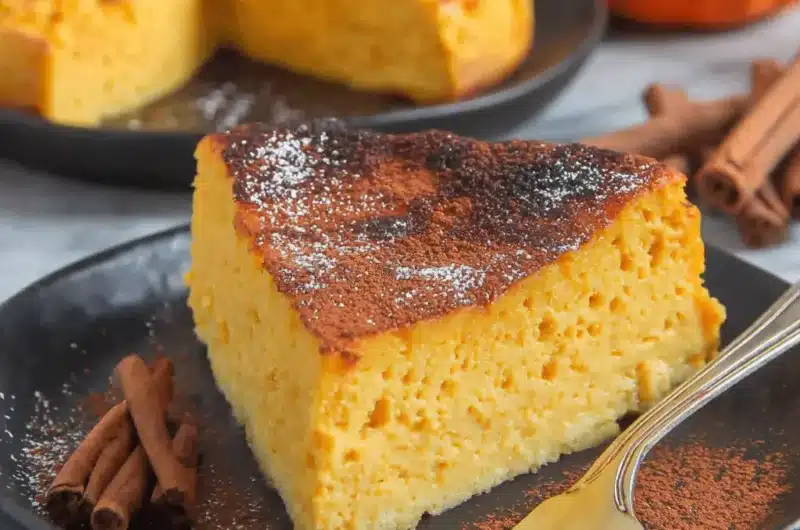 A delicious slice of pumpkin tart with cocoa and powdered sugar, cinnamon sticks, and a golden fork on a dark plate.