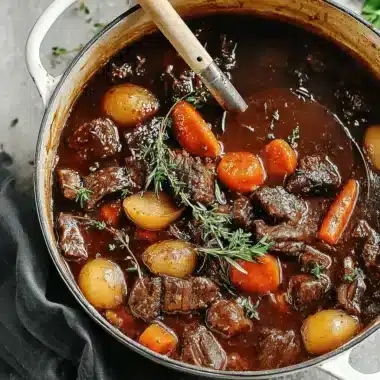 Close-up overhead shot of a hearty beef stew simmering in a white Dutch oven, featuring tender beef, carrots, and fresh thyme.
