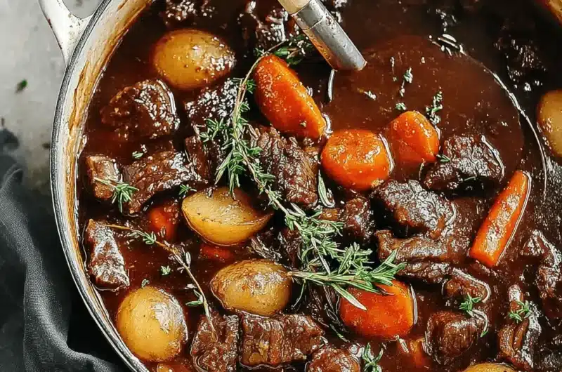 Close-up overhead shot of a hearty beef stew simmering in a white Dutch oven, featuring tender beef, carrots, and fresh thyme.