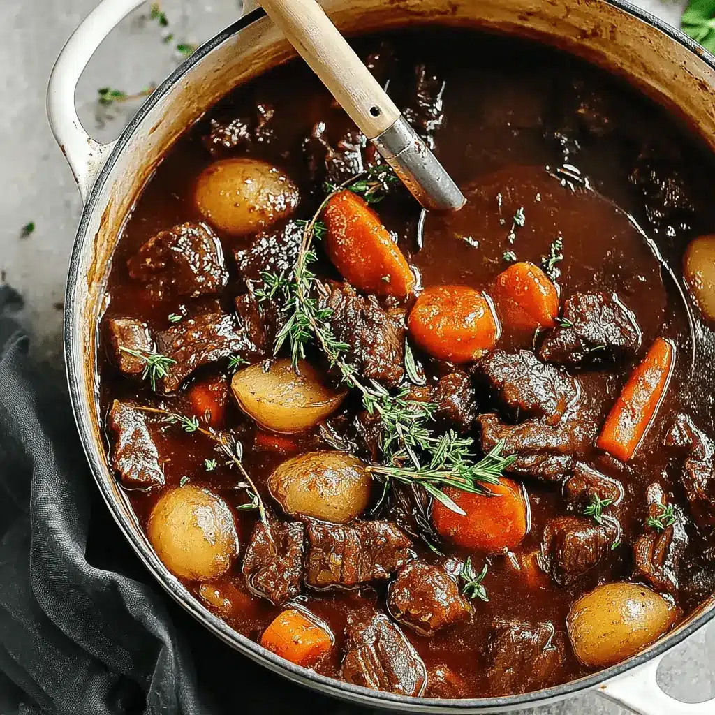 The Ultimate Foolproof Beef Stew Recipe 2 Close-up overhead shot of a hearty beef stew simmering in a white Dutch oven, featuring tender beef, carrots, and fresh thyme.
