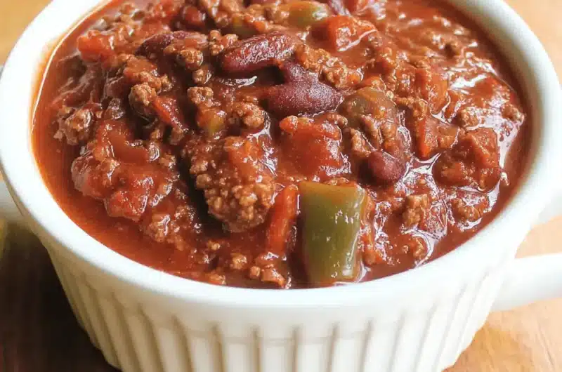 Hearty bowl of homemade chili with ground beef, kidney beans, and green bell peppers, reminiscent of a delicious wendys chili recipe, served in a white ramekin.