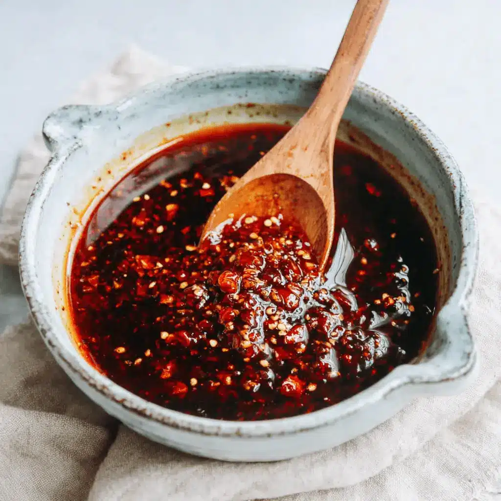 Rustic bowl of homemade chili oil with visible chili flakes and sesame seeds, perfect for a new chili oil recipe.