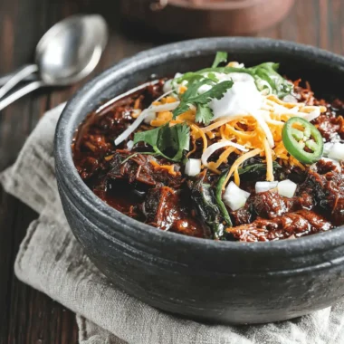Close-up of a rustic bowl of rich texas chili with meat, sour cream, cheese, cilantro, and jalapeños.