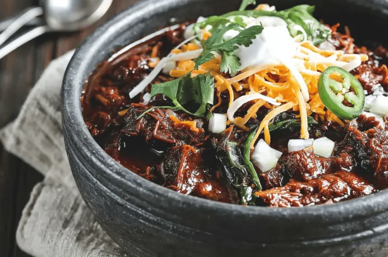 Close-up of a rustic bowl of rich texas chili with meat, sour cream, cheese, cilantro, and jalapeños.