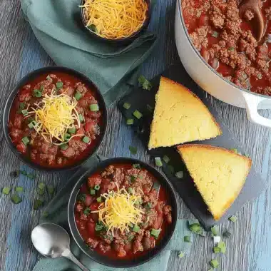 Overhead view of a hearty cowboy chili recipe with cornbread, topped with cheese and green onions on a rustic wooden surface.