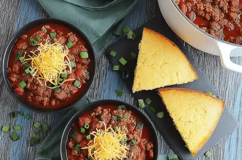Overhead view of a hearty cowboy chili recipe with cornbread, topped with cheese and green onions on a rustic wooden surface.
