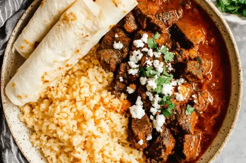 Rustic bowl of hearty chili colorado recipe served with fluffy rice and flatbread, garnished with cheese and fresh herbs.