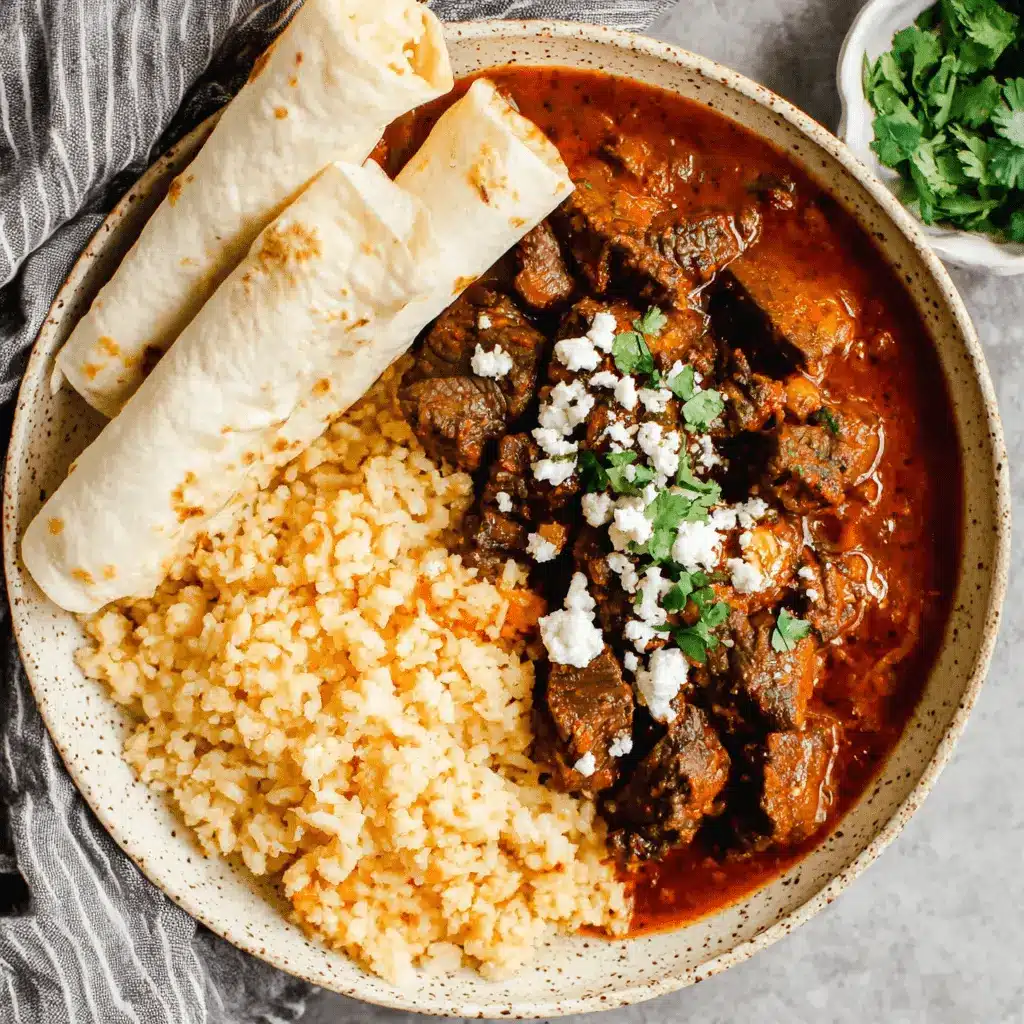 Rustic bowl of hearty chili colorado recipe served with fluffy rice and flatbread, garnished with cheese and fresh herbs.