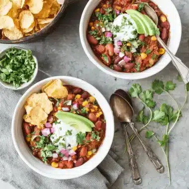 Two ceramic bowls of hearty Vegetarian Chili topped with sour cream, avocado, red onion, and cilantro, served with tortilla chips.