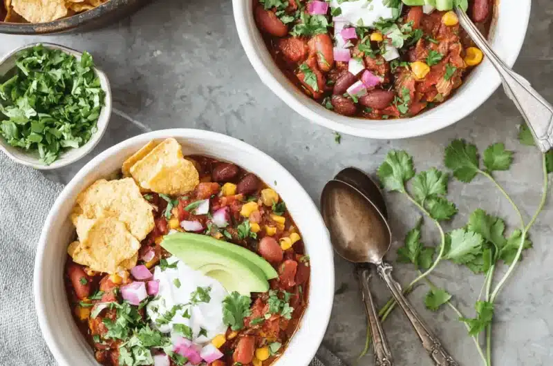 Two ceramic bowls of hearty Vegetarian Chili topped with sour cream, avocado, red onion, and cilantro, served with tortilla chips.