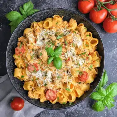 Close-up overhead view of creamy Tomato Basil Chicken Pasta with rigatoni, shredded chicken, cherry tomatoes, cheese, and fresh basil garnish.