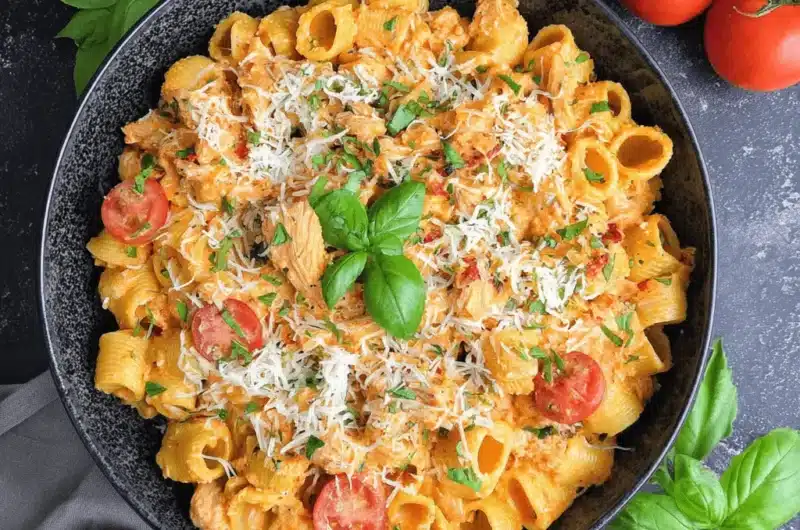 Close-up overhead view of creamy Tomato Basil Chicken Pasta with rigatoni, shredded chicken, cherry tomatoes, cheese, and fresh basil garnish.