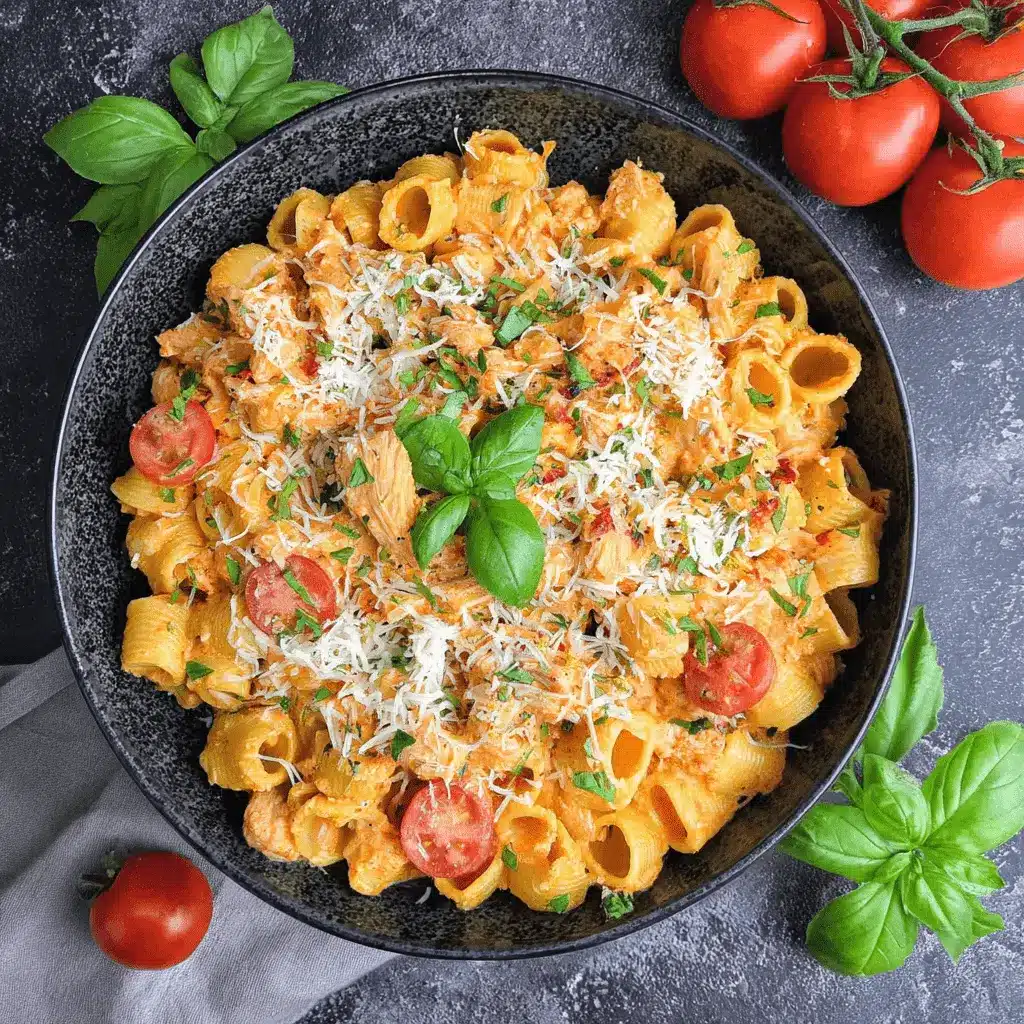 Close-up overhead view of creamy Tomato Basil Chicken Pasta with rigatoni, shredded chicken, cherry tomatoes, cheese, and fresh basil garnish.