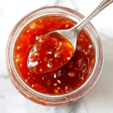 Overhead shot of a silver spoon scooping glistening red sauce from a jar, highlighting the perfect texture of the sweet chili sauce recipe.