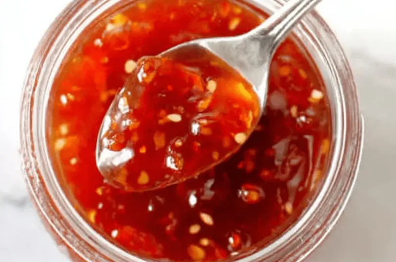 Overhead shot of a silver spoon scooping glistening red sauce from a jar, highlighting the perfect texture of the sweet chili sauce recipe.