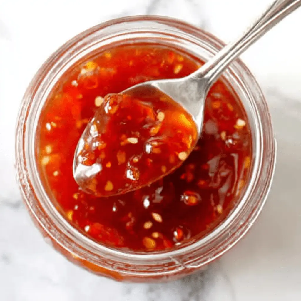 The Ultimate Foolproof Sweet Chili Sauce Recipe 2 Overhead shot of a silver spoon scooping glistening red sauce from a jar, highlighting the perfect texture of the sweet chili sauce recipe.