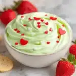 The Ultimate Easy Grinch Dip Recipe 5 Creamy pale green Grinch Dip topped with red and white heart-shaped candies, ready for dipping with strawberries and crackers.