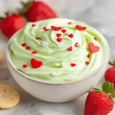 The Ultimate Easy Grinch Dip Recipe 3 Creamy pale green Grinch Dip topped with red and white heart-shaped candies, ready for dipping with strawberries and crackers.