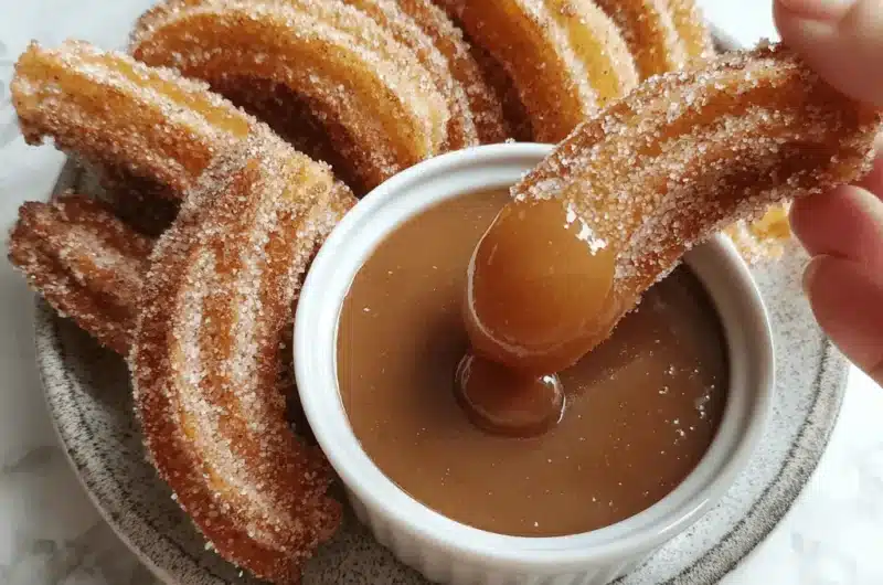 A hand dips a golden, cinnamon-sugar coated Air Fryer Churro Bite into a rich caramel sauce on a rustic ceramic plate.