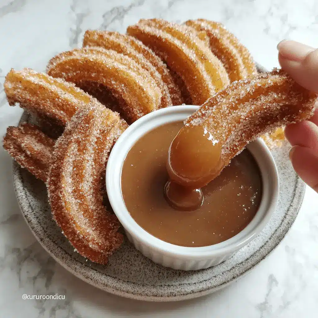 Amazing Air Fryer Churro Bites Recipe 2 A hand dips a golden, cinnamon-sugar coated Air Fryer Churro Bite into a rich caramel sauce on a rustic ceramic plate.