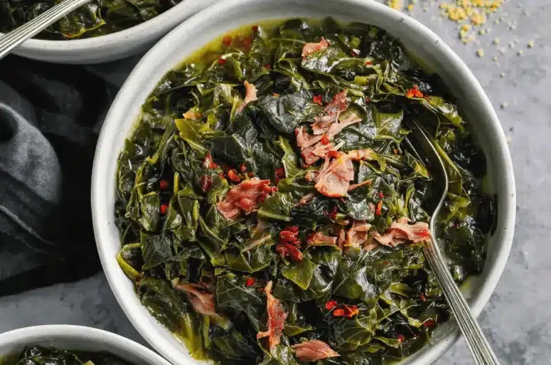 Overhead view of three white bowls filled with a flavorful, smoked meat-garnished collard greens recipe southern style.