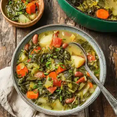 Rustic bowl of hearty collard green soup with carrots, potatoes, and savory sausage on a dark wooden surface.