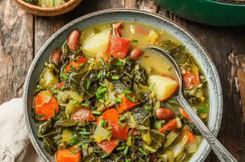 Rustic bowl of hearty collard green soup with carrots, potatoes, and savory sausage on a dark wooden surface.