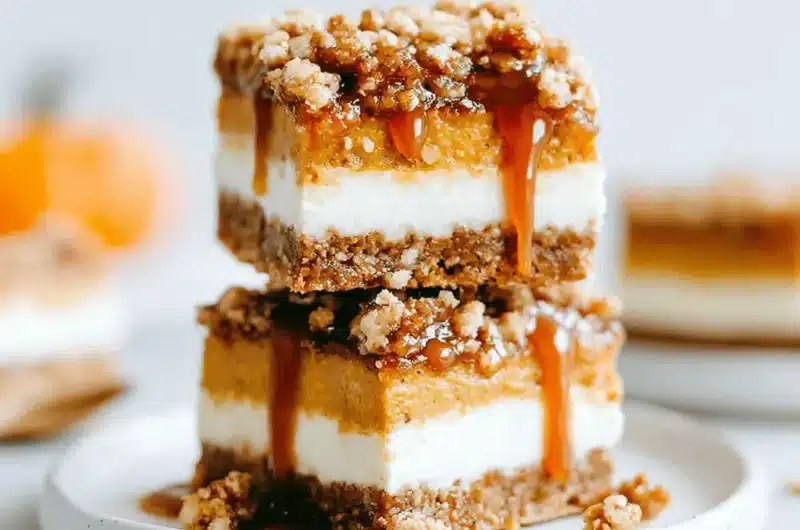 Stacked pumpkin cheesecake bars with caramel drizzle and streusel topping on a ceramic plate.