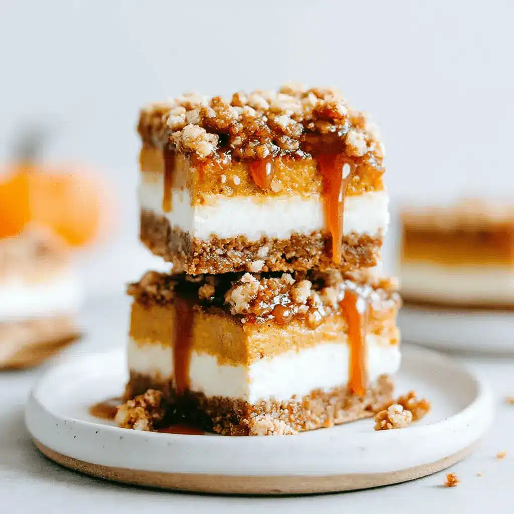 The Ultimate Foolproof Pumpkin Cheesecake Bars 2 Stacked pumpkin cheesecake bars with caramel drizzle and streusel topping on a ceramic plate.