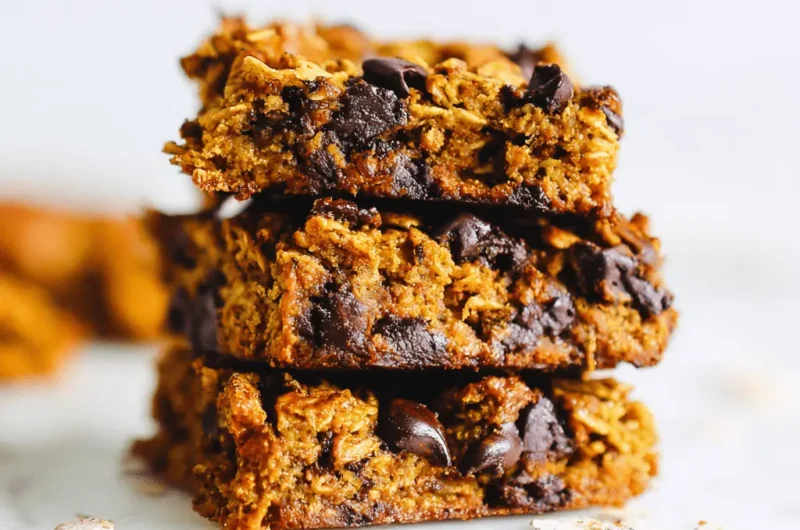 Stack of three chewy Pumpkin Chocolate Chip Oatmeal Bars on a white marble surface.