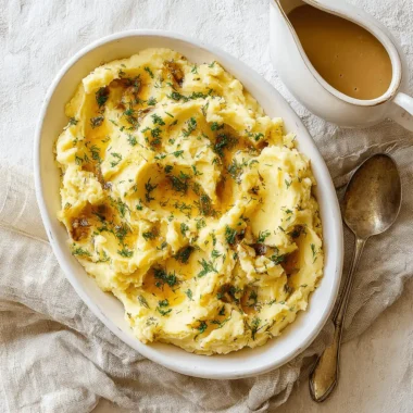 Creamy, fluffy Herbed Buttermilk Smashed Potatoes garnished with fresh dill and savory gravy in a rustic white dish.