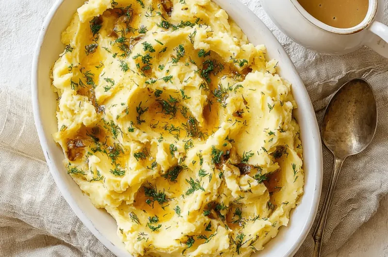 Creamy, fluffy Herbed Buttermilk Smashed Potatoes garnished with fresh dill and savory gravy in a rustic white dish.