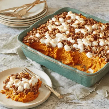 Creamy Sweet Potato Casserole in a teal baking dish, topped with toasted pecans and melted marshmallows.